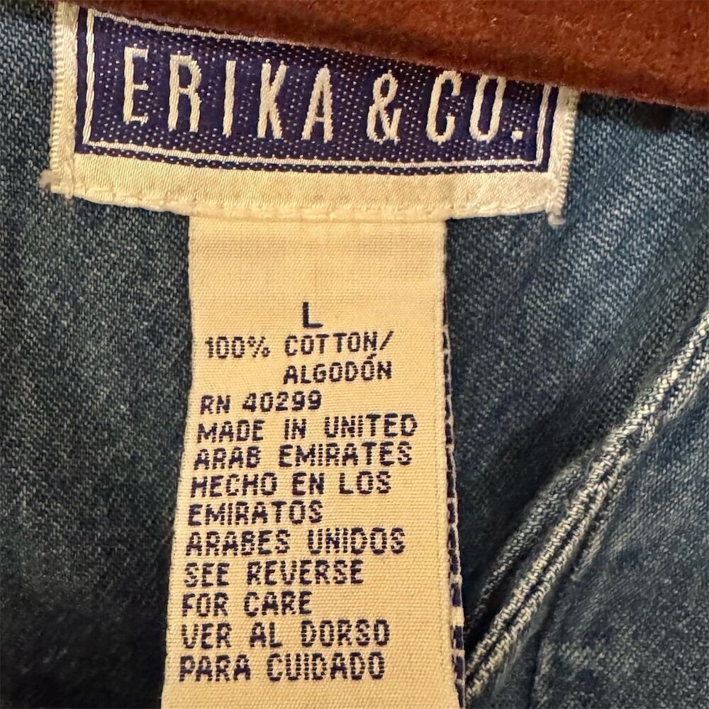 Erika & Co Women's L Blue Denim Floral Embroidered Knee Length Dress - Picture 5 of 6